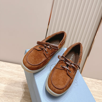PRADA 26S LACE UP BOAT SHOES IN CARAMEL BROWN SUEDE WITH LACES