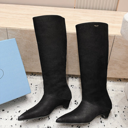 PRADA 26S POINTED TOE KNEE HIGH BOOTS 30MM IN BLACK CALFSKIN