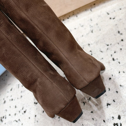 PRADA 26S POINTED TOE KNEE HIGH BOOTS 30MM IN DARK BROWN CALFSKIN