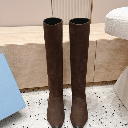 PRADA 26S POINTED TOE KNEE HIGH BOOTS 30MM IN DARK BROWN CALFSKIN