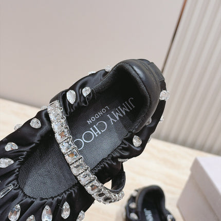 JIMMY CHOO 26S BALLET FLATS IN BLACK FABRIC WITH CRYSTAL STRAP
