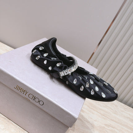 JIMMY CHOO 26S BALLET FLATS IN BLACK FABRIC WITH CRYSTAL STRAP