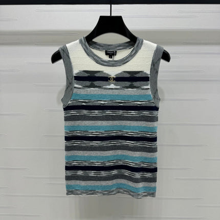Chanel 25 Sleeveless Striped Top In Blue And Gray