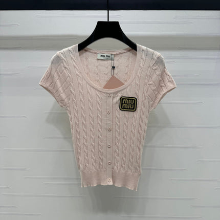 MIUMIU U-NECK KNITTED SHORT-SLEEVE TOP PINK 274947