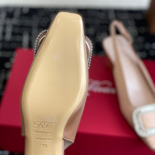 ROGER VIVIER 25S VIVIER SLINGBACK 45MM IN BEIGE SILK EMBELLISHED CRYSTALS