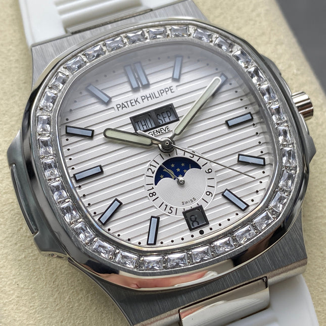 NAUTILUS STEEL ATTACHED DIAMOND BEZEL WHITE RUBBER STRAP