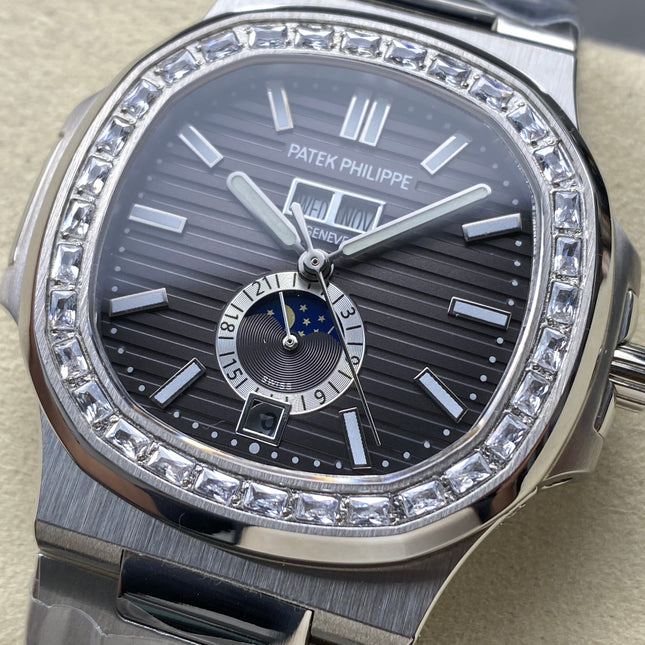 NAUTILUS STEEL ATTACHED DIAMOND BEZEL BLACK DIAL
