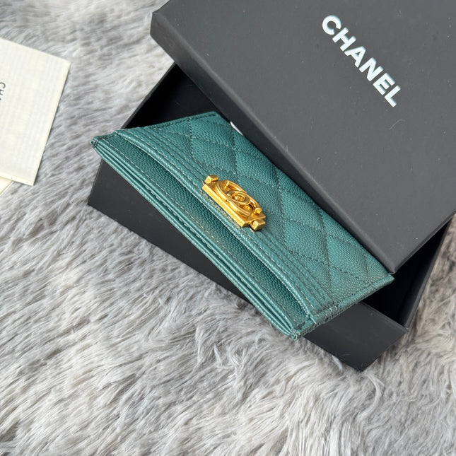 LEBOY CARD HOLDER 11 IN SHADOW GREEN GRAINED CALFSKIN GOLD-TONE HARDWARE