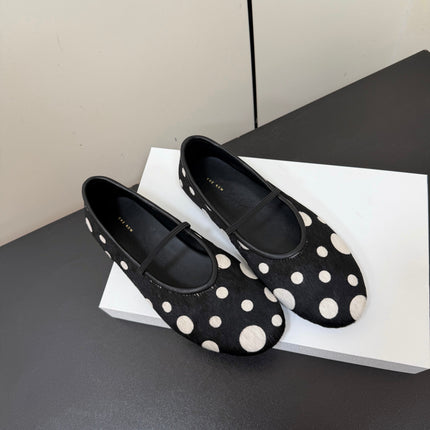 THE ROW 26S BALLET FLATS IN BLACK & WHITE POLKA DOT CALF HAIR CALFSKIN