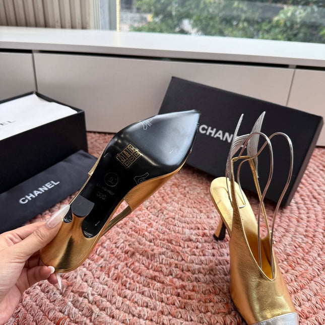 CHANEL 26S POINTED TOE HIGH HEEL SLINGBACKS IN GOLD MIX SILVER LAMBSKIN WITH FLORAL APPLIQUE