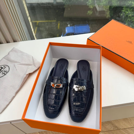 HM 26S DESTIN MULES IN NAVY BLUE CROCODILE-EFFECT LEATHER