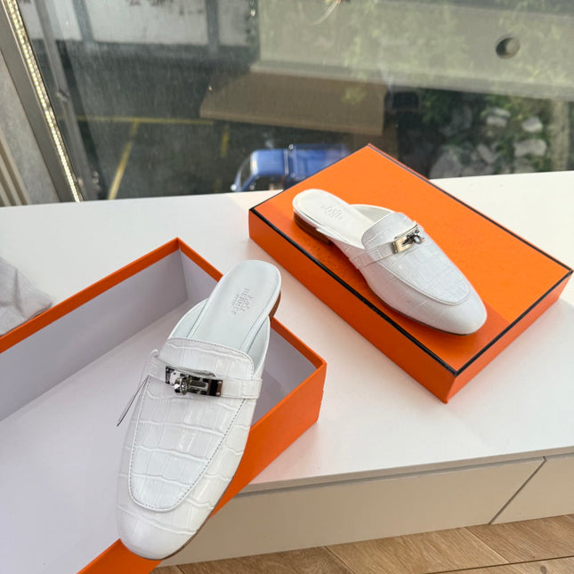 HM 26S DESTIN MULES IN WHITE CROCODILE-EFFECT LEATHER