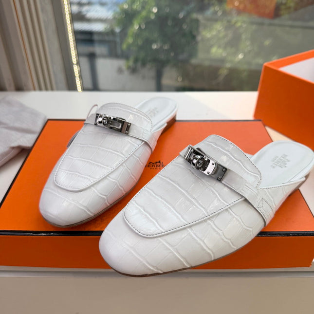 HM 26S DESTIN MULES IN WHITE CROCODILE-EFFECT LEATHER
