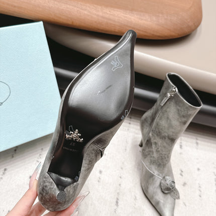 PRADA 26S POINTED TOE HEEL ANKLE BOOTS 75MM IN GRAY CALFSKIN WITH FLORAL