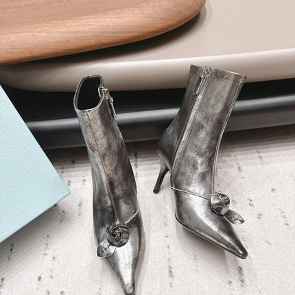 PRADA 26S POINTED TOE HEEL ANKLE BOOTS 75MM IN SILVER CALFSKIN WITH FLORAL