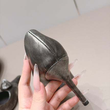 PRADA 26S POINTED TOE HEEL PUMPS 80MM IN DARK SILVER CALFSKIN WITH FLORAL