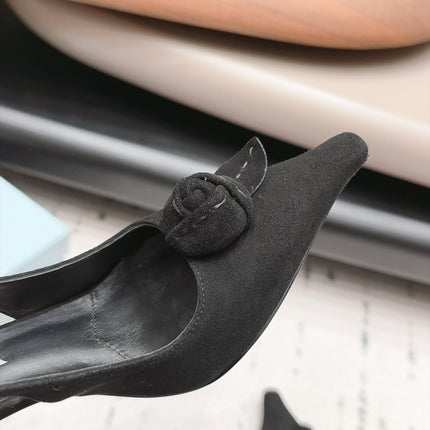 PRADA 26S POINTED TOE SLINGBACK HEEL PUMPS 80MM IN BLACK SUEDE WITH FLORAL