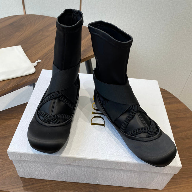 DIOR 25S STRETCH BALLET BOOTS IN BLACK FULL SATIN