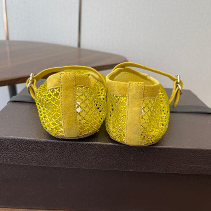 ALAIA 26S MESH FLATS IN DARK YELLOW SUEDE RHINESTONE-EMBELLISHED