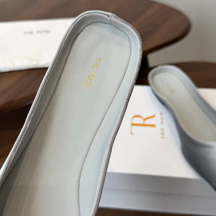 THE ROW 26S POINTED TOE MULES IN LIGHT GREY VELVET