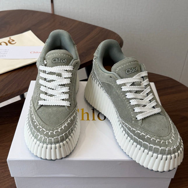 CHLOE 26S LACE-UP SNEAKERS IN DUSTY SAGE GREEN SUEDE