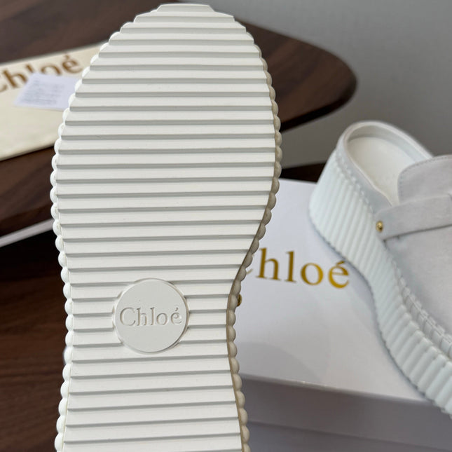 CHLOE 26S PLATFORM MULES IN WHITE SUEDE