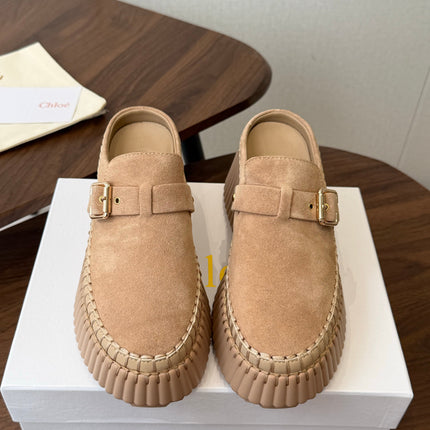 CHLOE 26S PLATFORM MULES IN NUDE BEIGE SUEDE