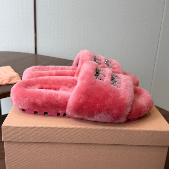 MIUMIU 26S CRYSTAL LOGO SLIDES IN PINK SHEARLING