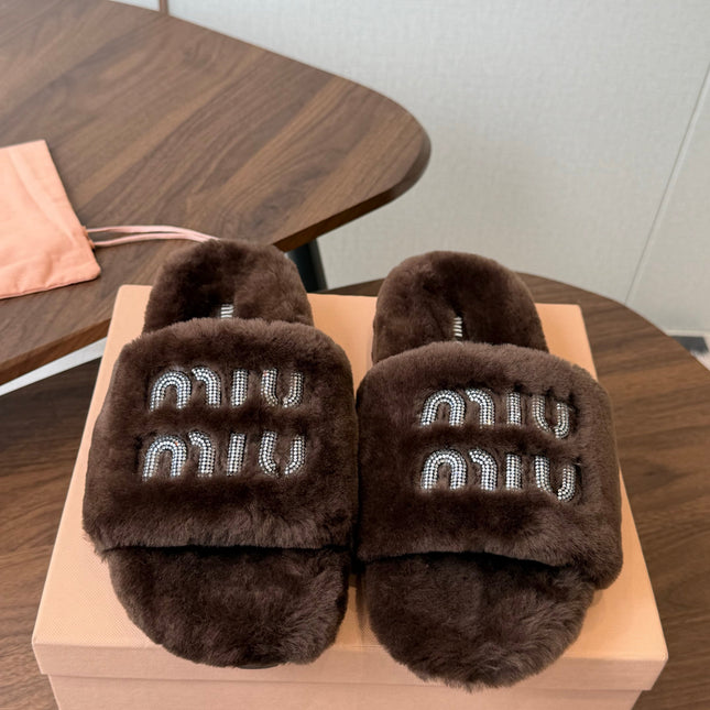 MIUMIU 26S CRYSTAL LOGO SLIDES IN DARK BROWN SHEARLING