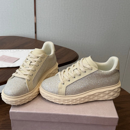 JIMMY CHOO 26S SNEAKERS IN CREAM WHITE LEATHER AND SILVER GLITTER