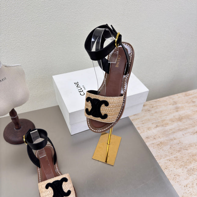CELINE 25S TRIOMPHE SANDALS BEIGE RAFFIA BLACK WOOL