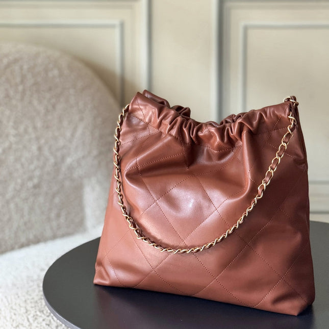 CHANEL 26S 22 BAG 42 IN CHOCOLATE BROWN QUILTED SHINY CALFSKIN