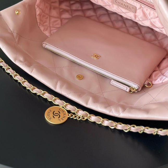 CHANEL 26S 22 BAG 42 IN PASTEL PINK QUILTED SHINY CALFSKIN