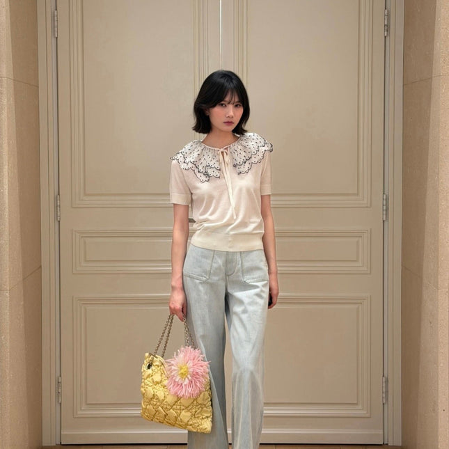 DIOR 26S SHORT-SLEEVE RUFFLED-COLLAR TOP 1596