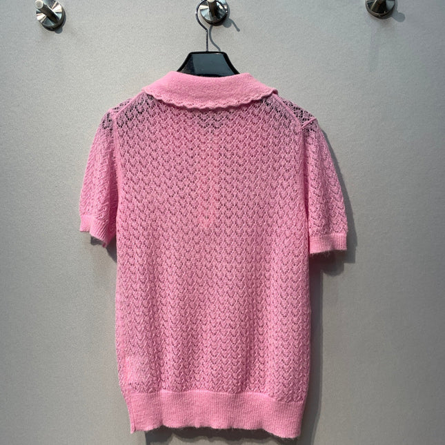 MIUMIU 26S SHORT-SLEEVE OPENWORK KNIT TOP 1420