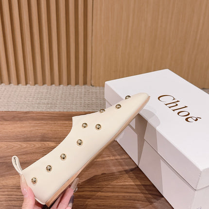 CHLOE 26S STUDDED LOAFERS IN CREAM WHITE CALFSKIN