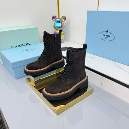 PRADA 25S LONG THICK SOLED MARTIN BOOTS 50MM IN DARK BROWN SUEDE