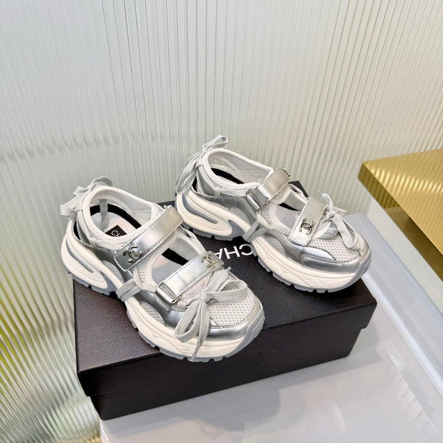 CHANEL 26S VELCRO SNEAKERS IN SILVER CALFSKIN WITH BOW