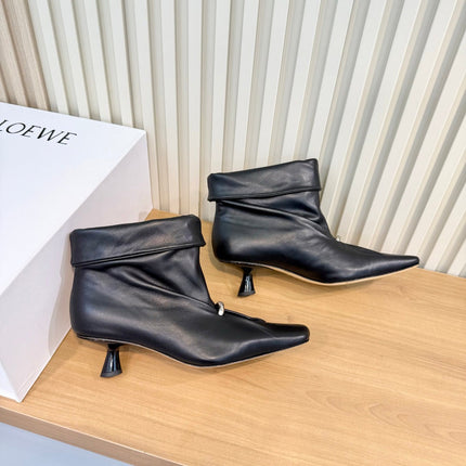 LOEWE 26S SQUARE TOE FOLD OVER ANKLE BOOTS IN BLACK CALFSKIN SILVER HARDWARE