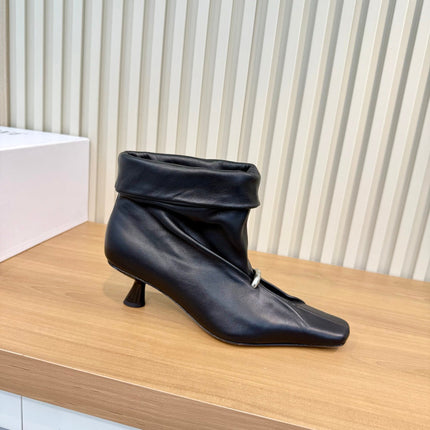 LOEWE 26S SQUARE TOE FOLD OVER ANKLE BOOTS IN BLACK CALFSKIN SILVER HARDWARE