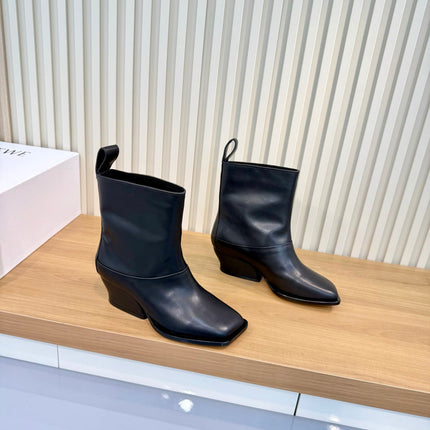 LOEWE 26S SQUARE TOE MID CALF WEDGE BOOTS IN BLACK CALFSKIN