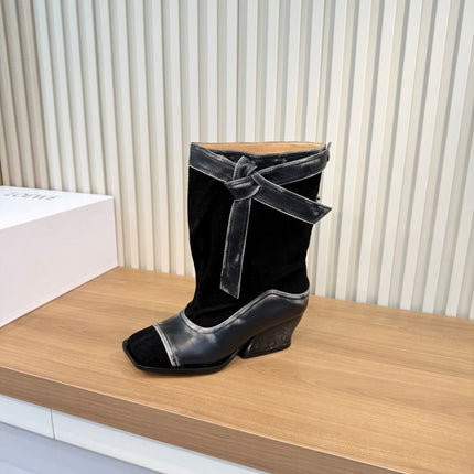 LOEWE 26S MID CALF BOOTS IN BLACK SUEDE AND CALFSKIN