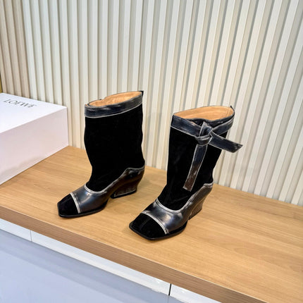 LOEWE 26S MID CALF BOOTS IN BLACK SUEDE AND CALFSKIN