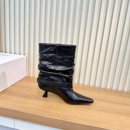 LOEWE 26S SLOUCHY MID CALF BOOTS IN BLACK CALFSKIN SILVER HARDWARE