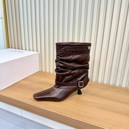 LOEWE 26S SLOUCHY MID CALF BOOTS IN BURGUNDY RED CALFSKIN SILVER HARDWARE
