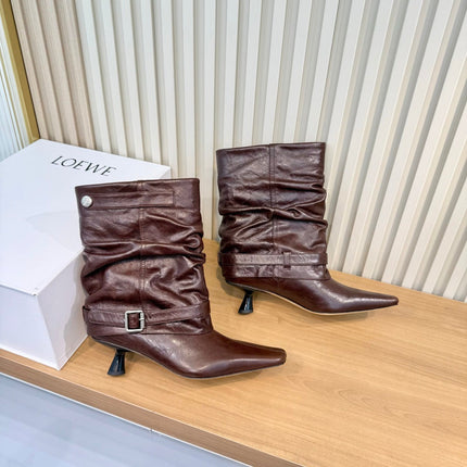 LOEWE 26S SLOUCHY MID CALF BOOTS IN BURGUNDY RED CALFSKIN SILVER HARDWARE