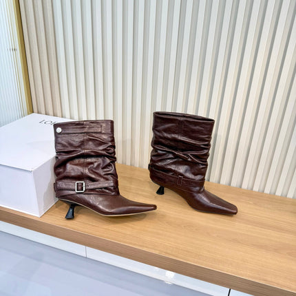 LOEWE 26S SLOUCHY MID CALF BOOTS IN BURGUNDY RED CALFSKIN SILVER HARDWARE