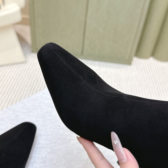 YSL 25S HEELED ANKLE BOOTS 75 MM IN BLACK SUEDE