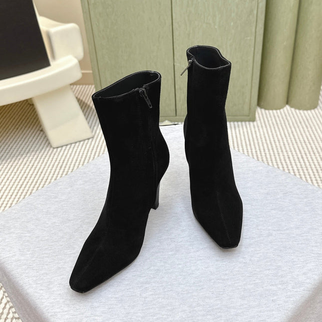 YSL 25S HEELED ANKLE BOOTS 75 MM IN BLACK SUEDE