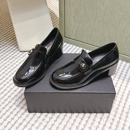 CHANEL 25S GODDESS MOCCASIN LOAFERS 65MM IN BLACK GLOSSY CALFSKIN GOLD HARDWARE